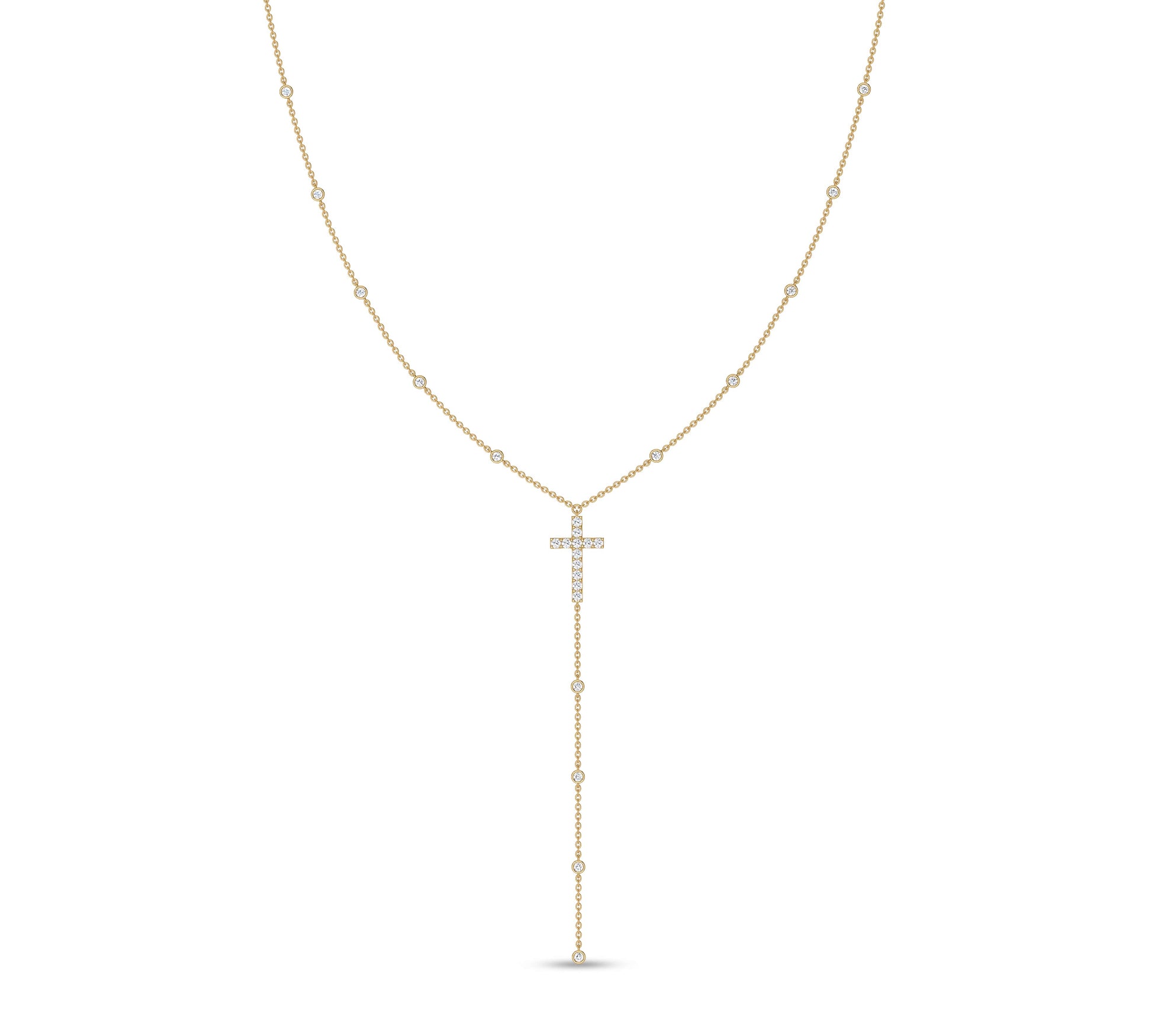 Lariat diamond cross necklace in yellow gold