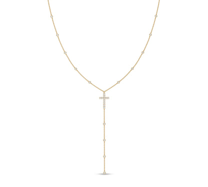 Lariat diamond cross necklace in yellow gold