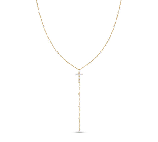 Lariat diamond cross necklace in yellow gold