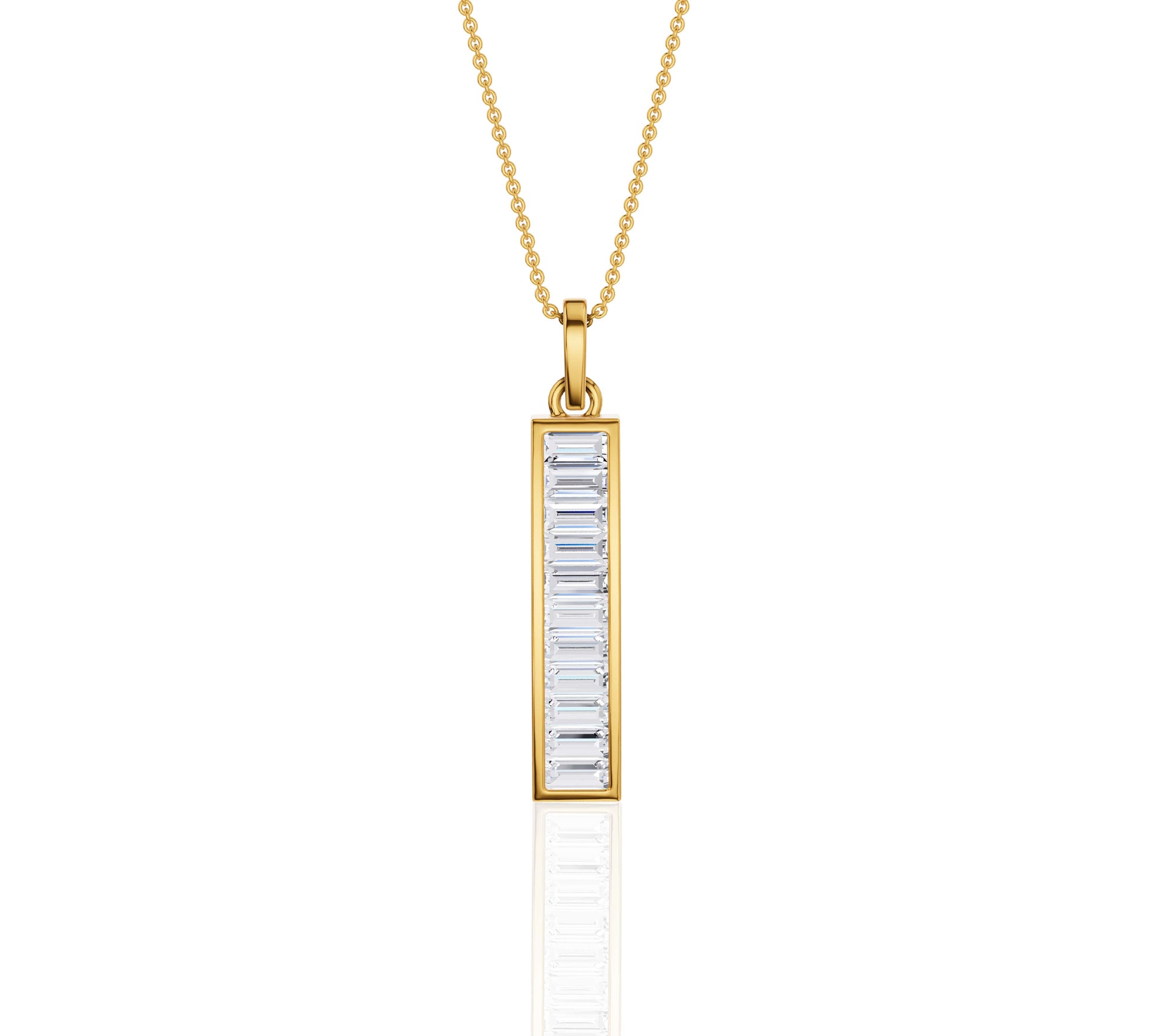 Vertical gold pendant necklace with baguette diamonds
