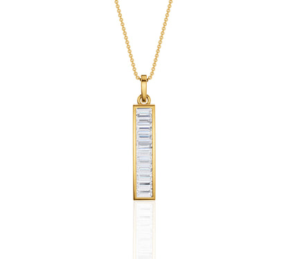 Vertical gold pendant necklace with baguette diamonds