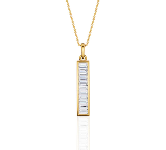 Vertical gold pendant necklace with baguette diamonds