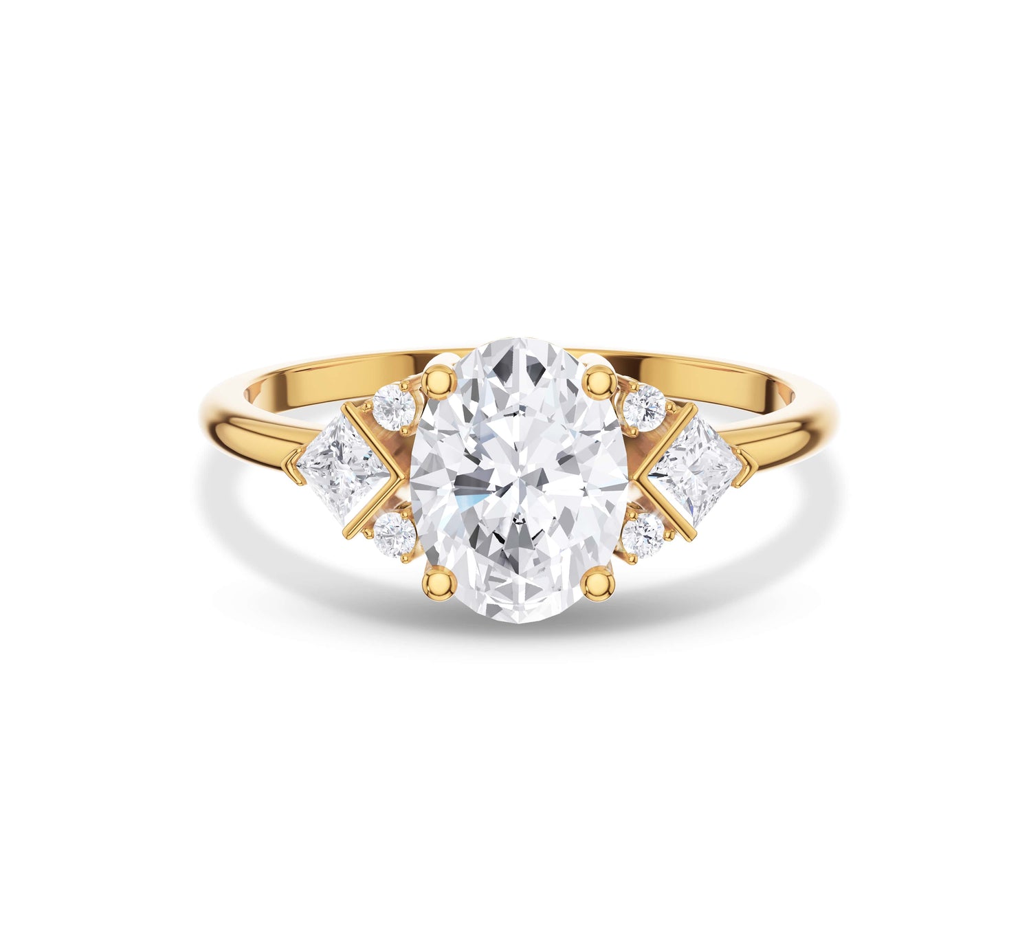 Oval diamond ring with princess and round side stones in yellow gold