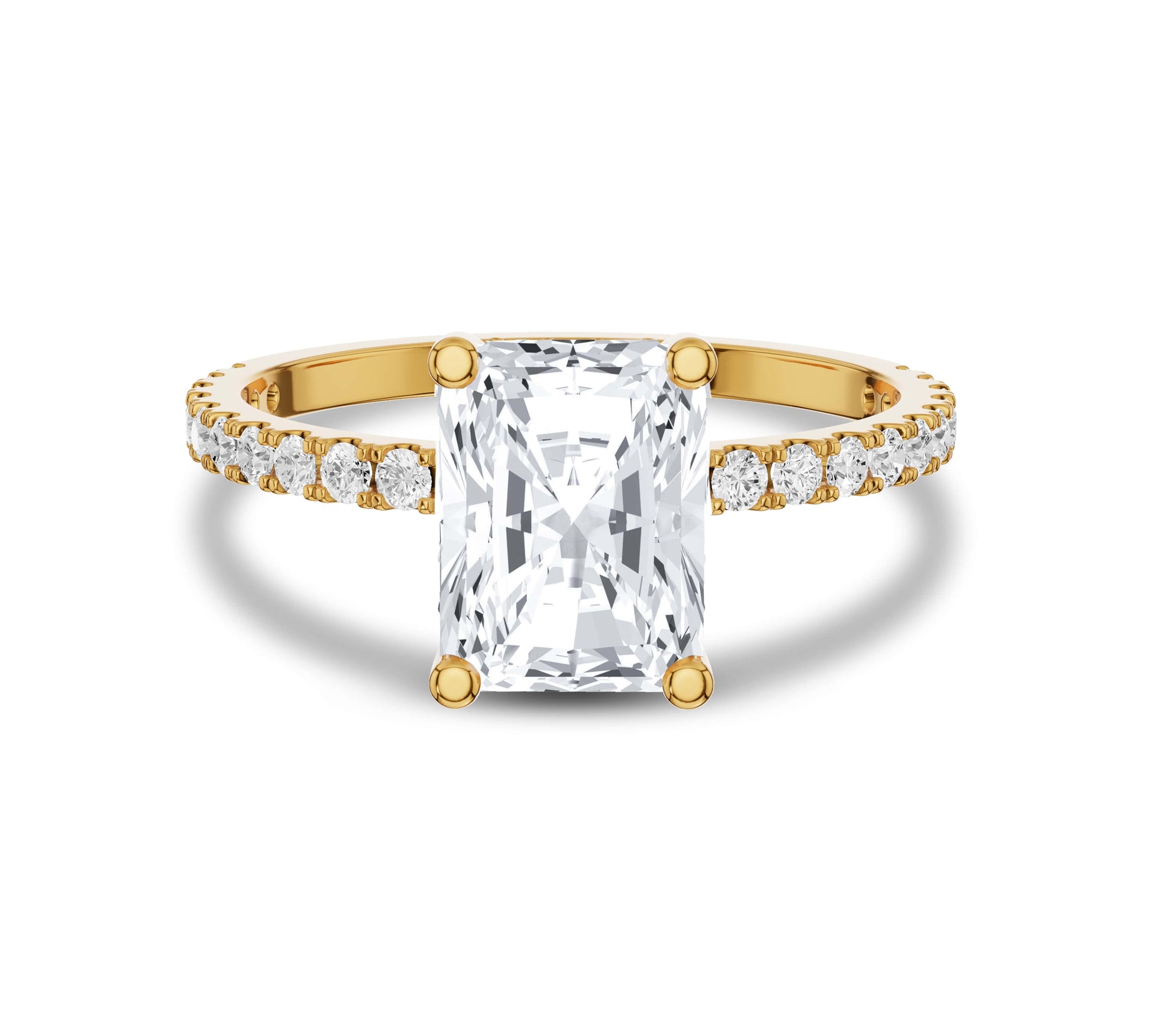 Radiant cut engagement ring in 14K yellow gold with hidden halo