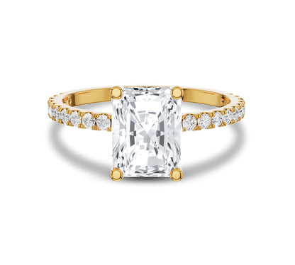 Radiant cut engagement ring in 14K yellow gold with hidden halo