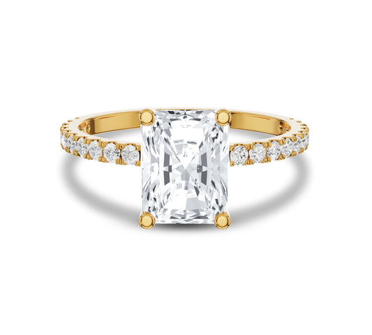 Radiant cut engagement ring in 14K yellow gold with hidden halo