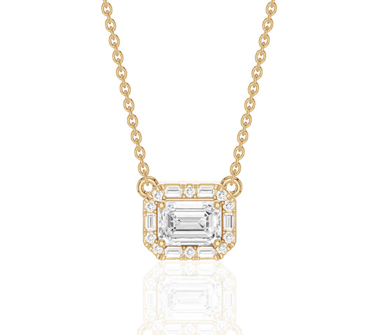emerald cut diamond halo pendant