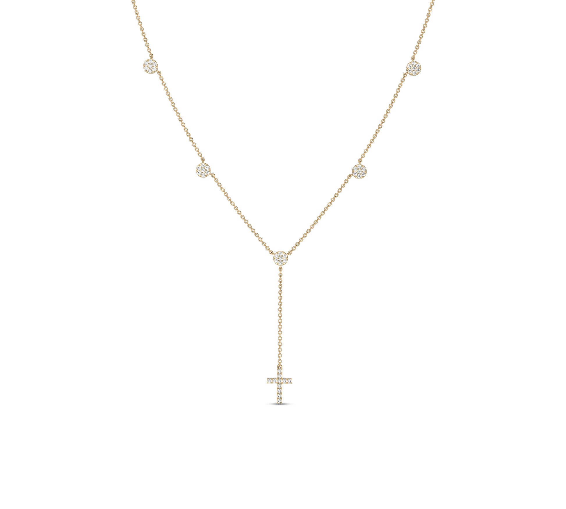 Yellow gold Y-lariat necklace with cross and bezel diamonds