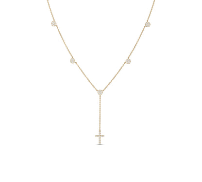 Yellow gold Y-lariat necklace with cross and bezel diamonds