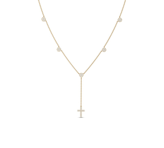 Yellow gold Y-lariat necklace with cross and bezel diamonds