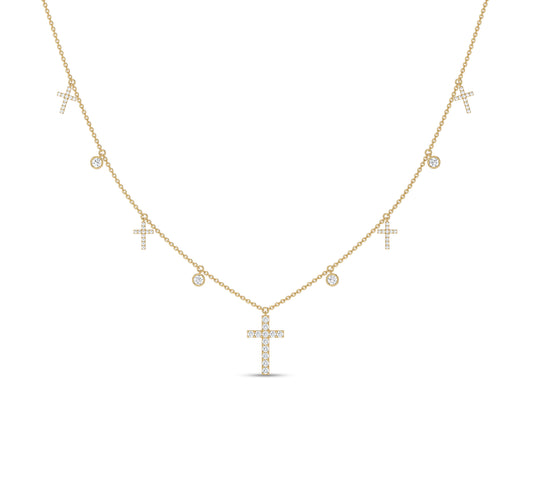 Cross and bezel diamond choker necklace