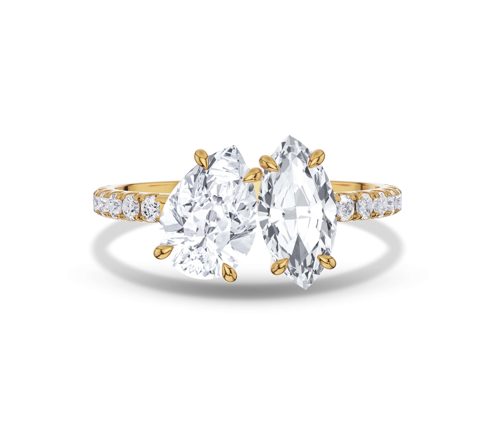 Yellow gold pave ring with pear and marquise lab grown diamonds