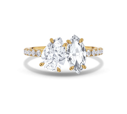 Yellow gold pave ring with pear and marquise lab grown diamonds
