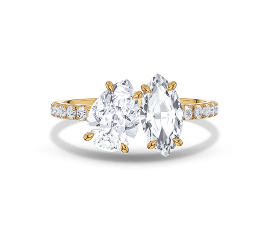 Yellow gold pave ring with pear and marquise lab grown diamonds