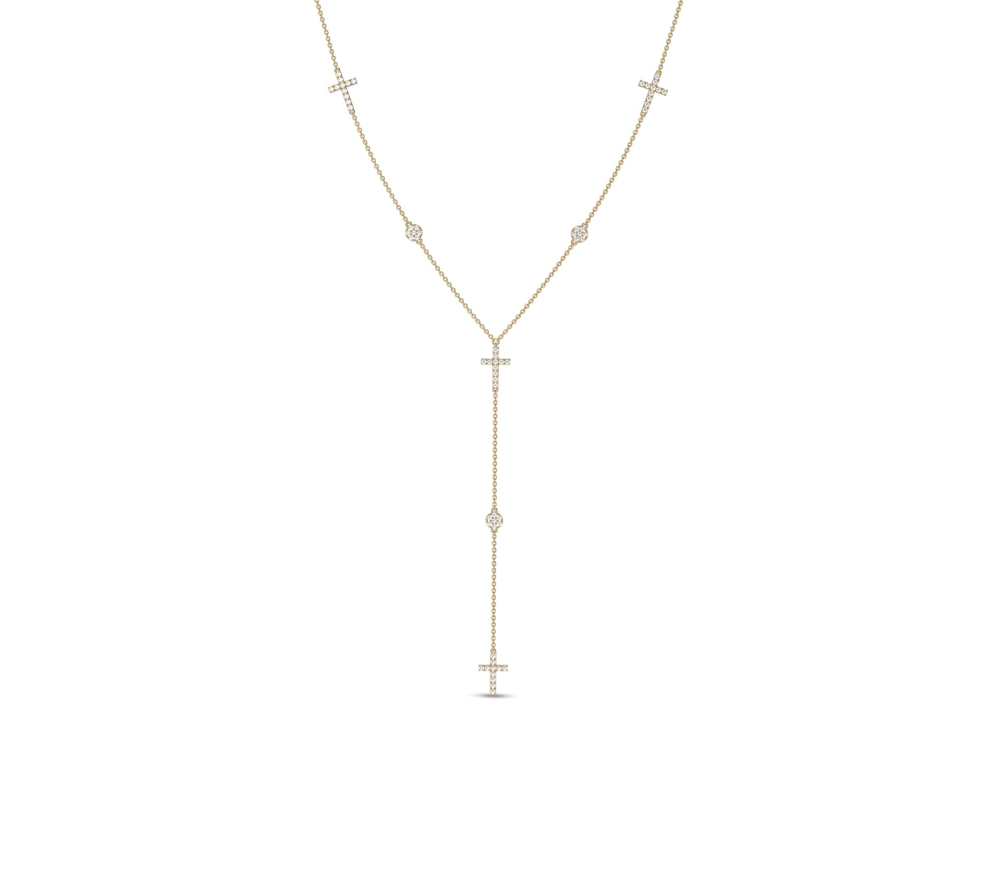 Yellow gold cross Y-necklace with diamond station accents