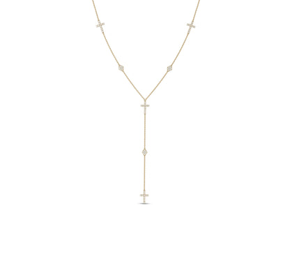 Yellow gold cross Y-necklace with diamond station accents