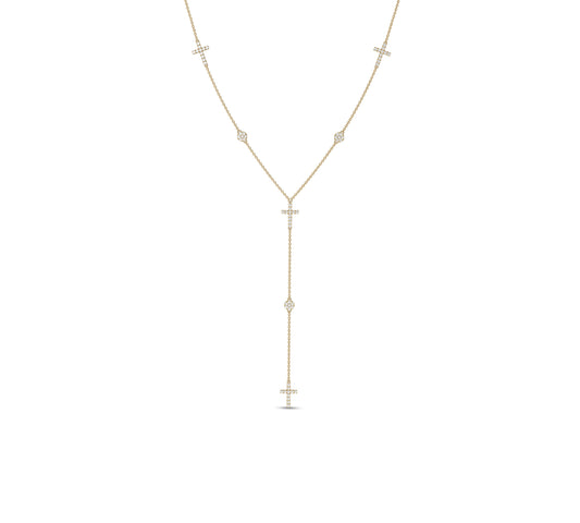 Yellow gold cross Y-necklace with diamond station accents