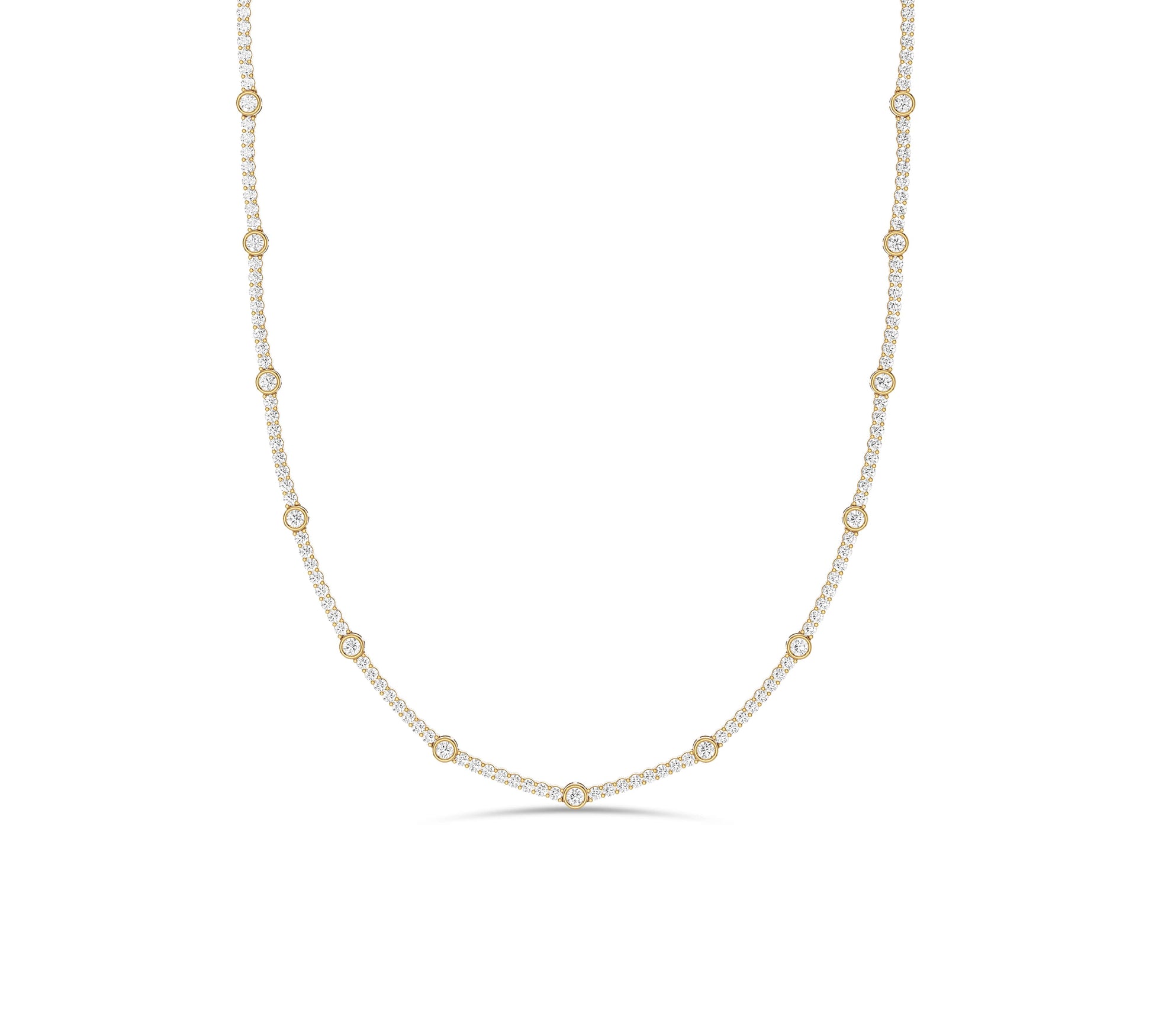 Dainty 14K yellow gold bezel diamond station necklace for women