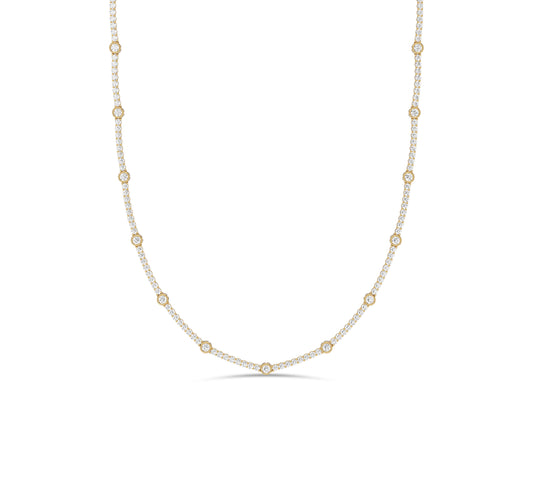 Dainty 14K yellow gold bezel diamond station necklace for women