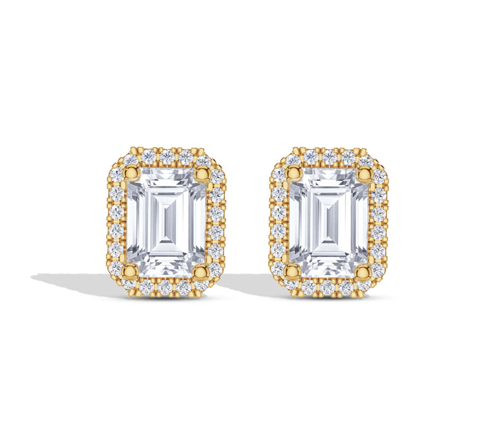 Emerald Cut Halo Diamond Stud Earrings