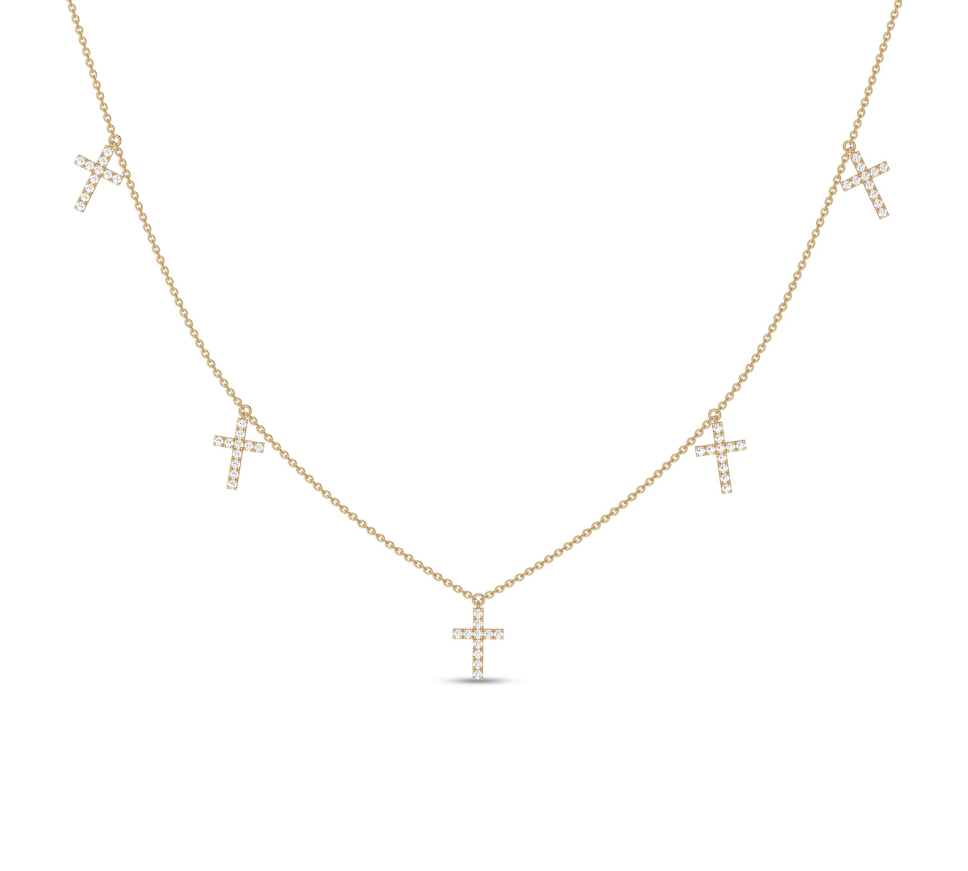 Yellow gold necklace with five diamond cross charms