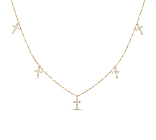 Yellow gold necklace with five diamond cross charms
