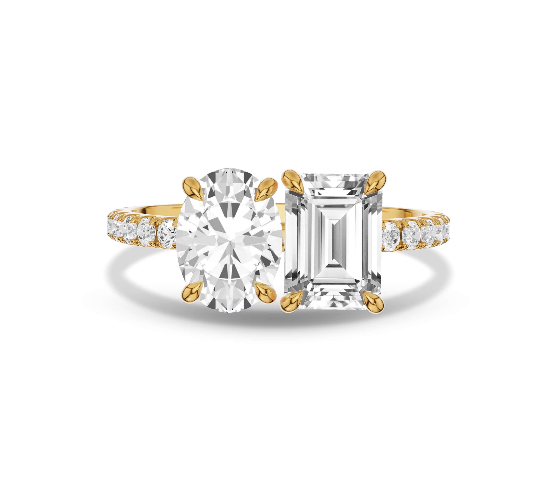 Yellow gold Toi et Moi diamond ring with oval and emerald cuts and pave band