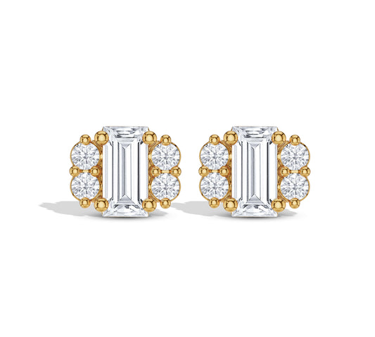 Yellow gold baguette and round diamond cluster studs
