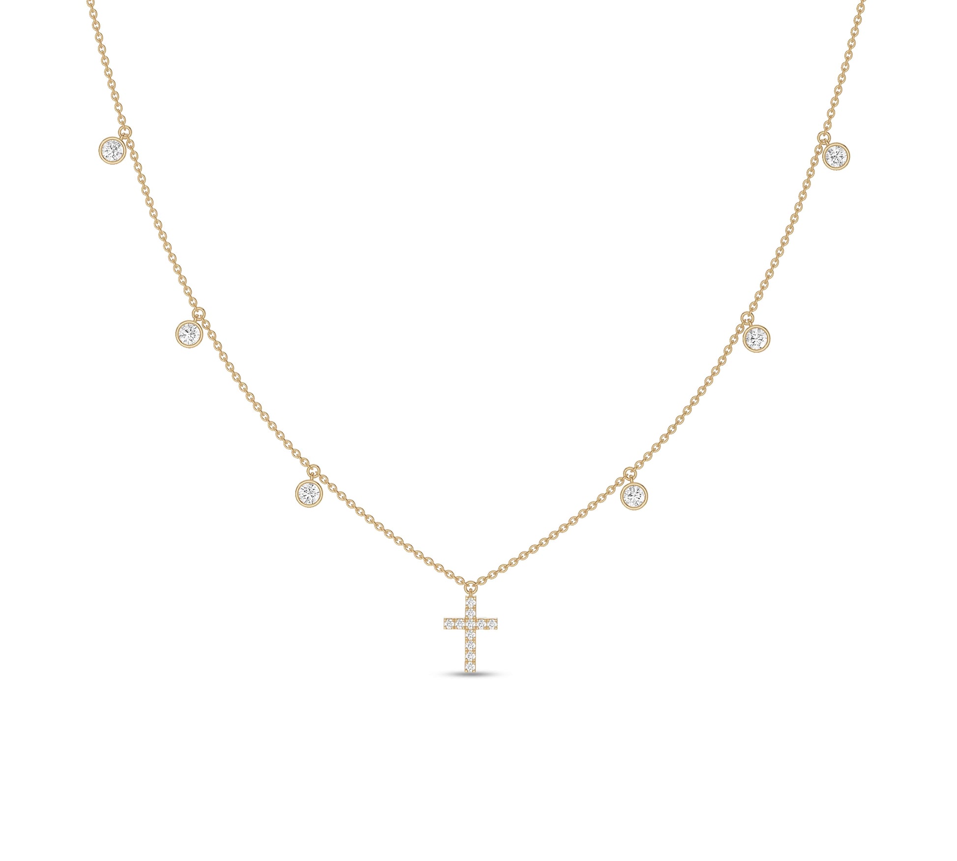 Yellow gold necklace with bezel-set diamonds and cross drop