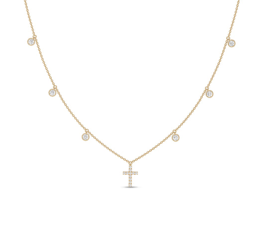 Yellow gold necklace with bezel-set diamonds and cross drop