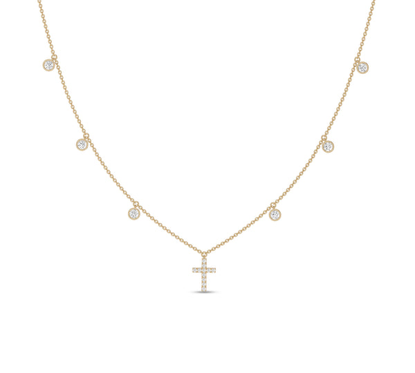 Bezel Diamond and Cross Drop Necklace in 14K Gold