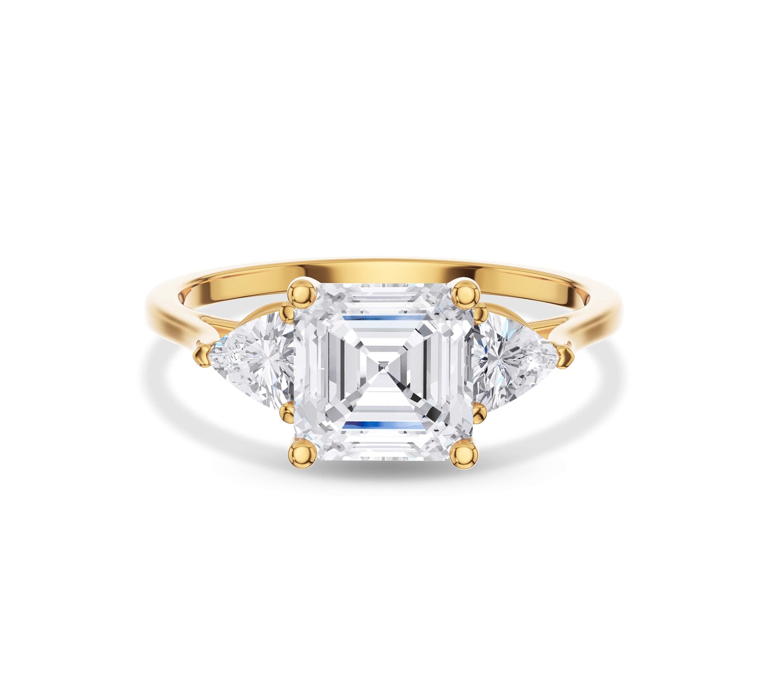 Asscher cut diamond ring with pear side stones in yellow gold