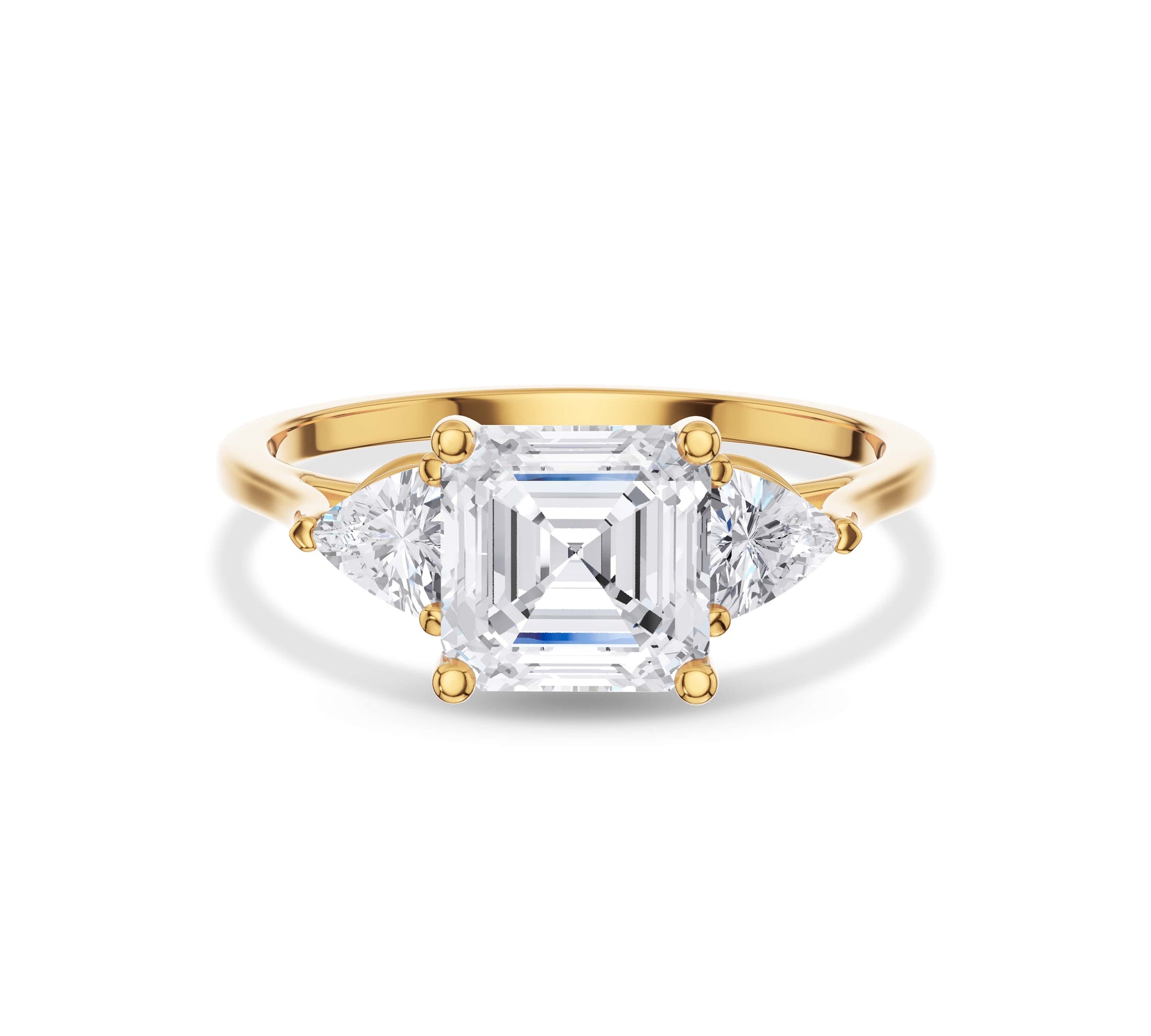 Asscher cut diamond ring with pear side stones in yellow gold