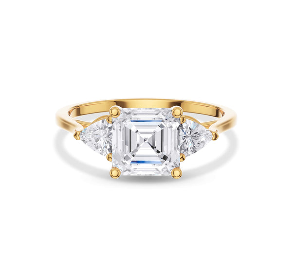 Asscher Cut Three-Stone Diamond Ring Yellow Gold