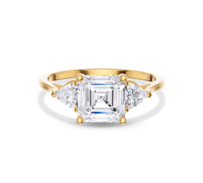 Asscher Cut Three-Stone Diamond Ring Yellow Gold