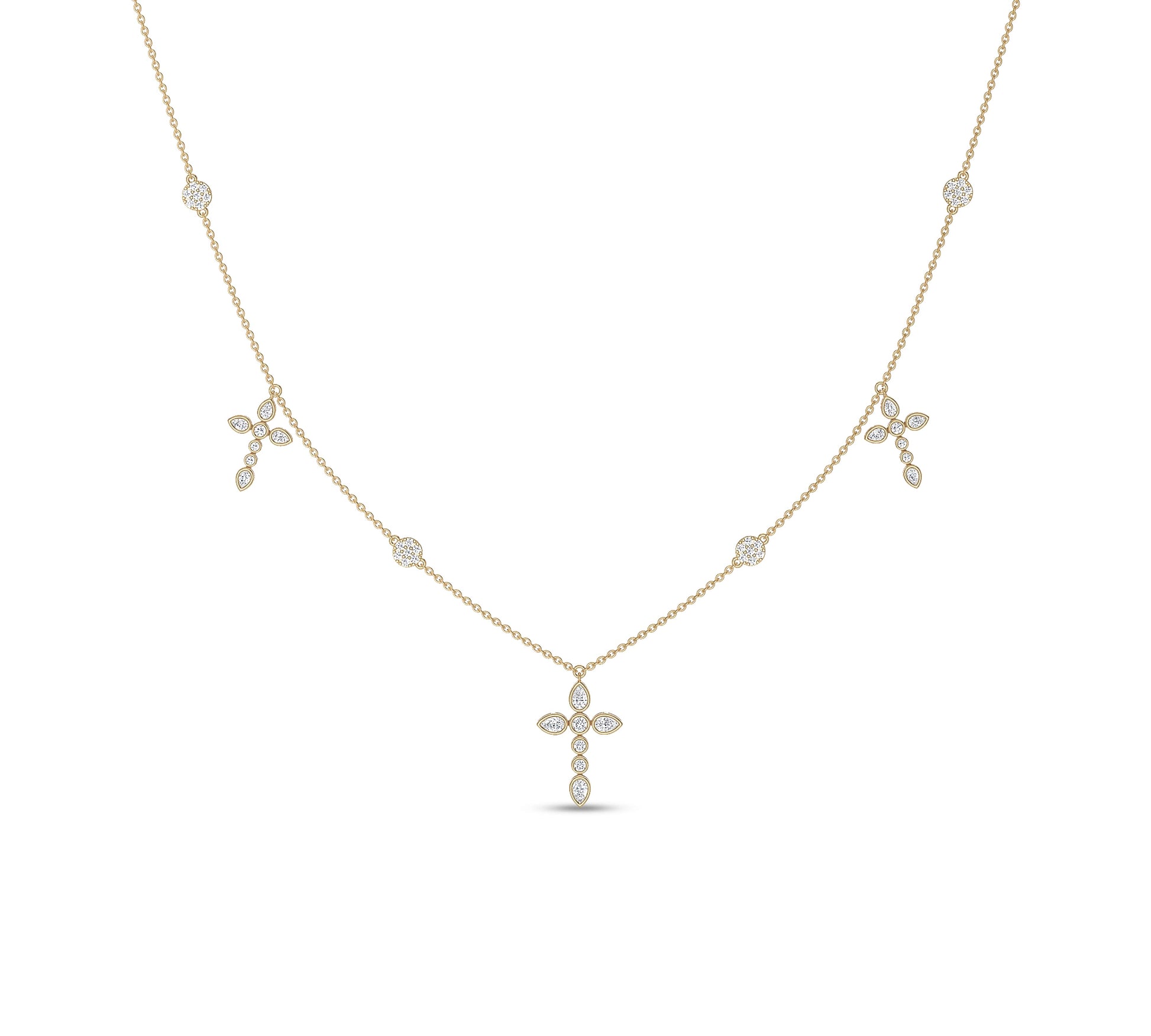 Yellow gold necklace with pear and round floral diamond cross