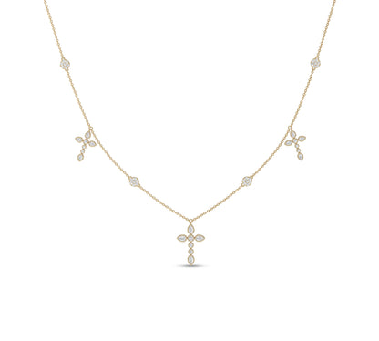 Yellow gold necklace with pear and round floral diamond cross