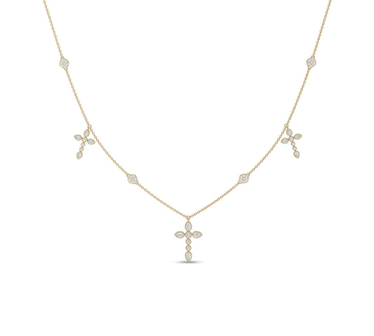 Yellow gold necklace with pear and round floral diamond cross