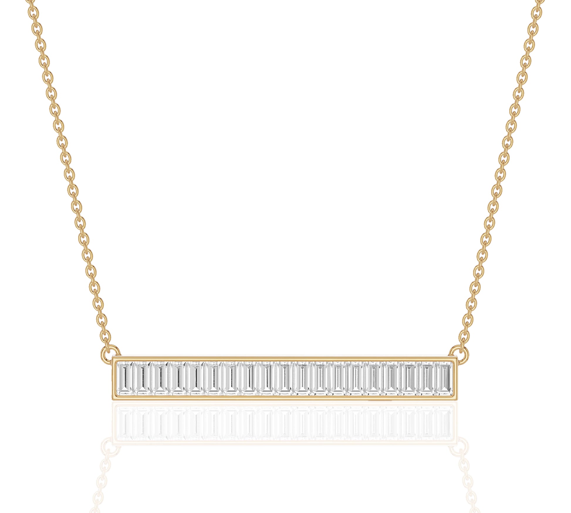 Baguette diamond horizontal bar necklace in fine yellow gold