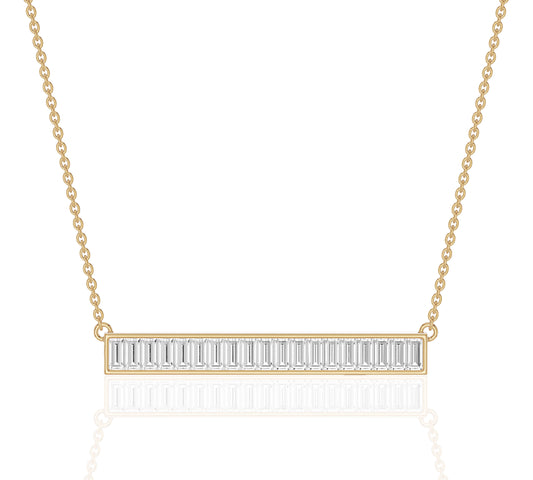 Baguette diamond horizontal bar necklace in fine yellow gold
