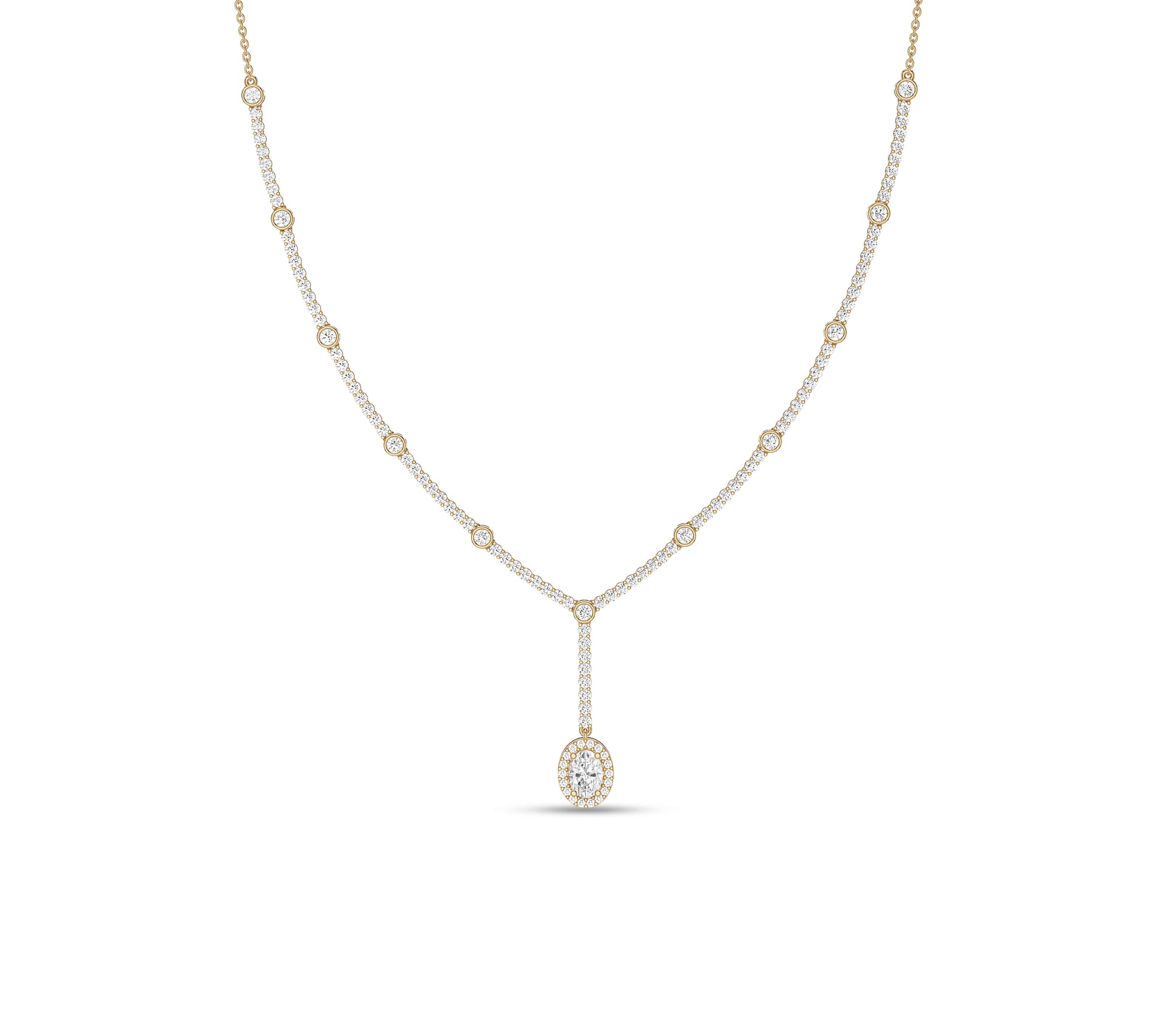 Oval drop diamond necklace with bezel set chain in yellow gold
