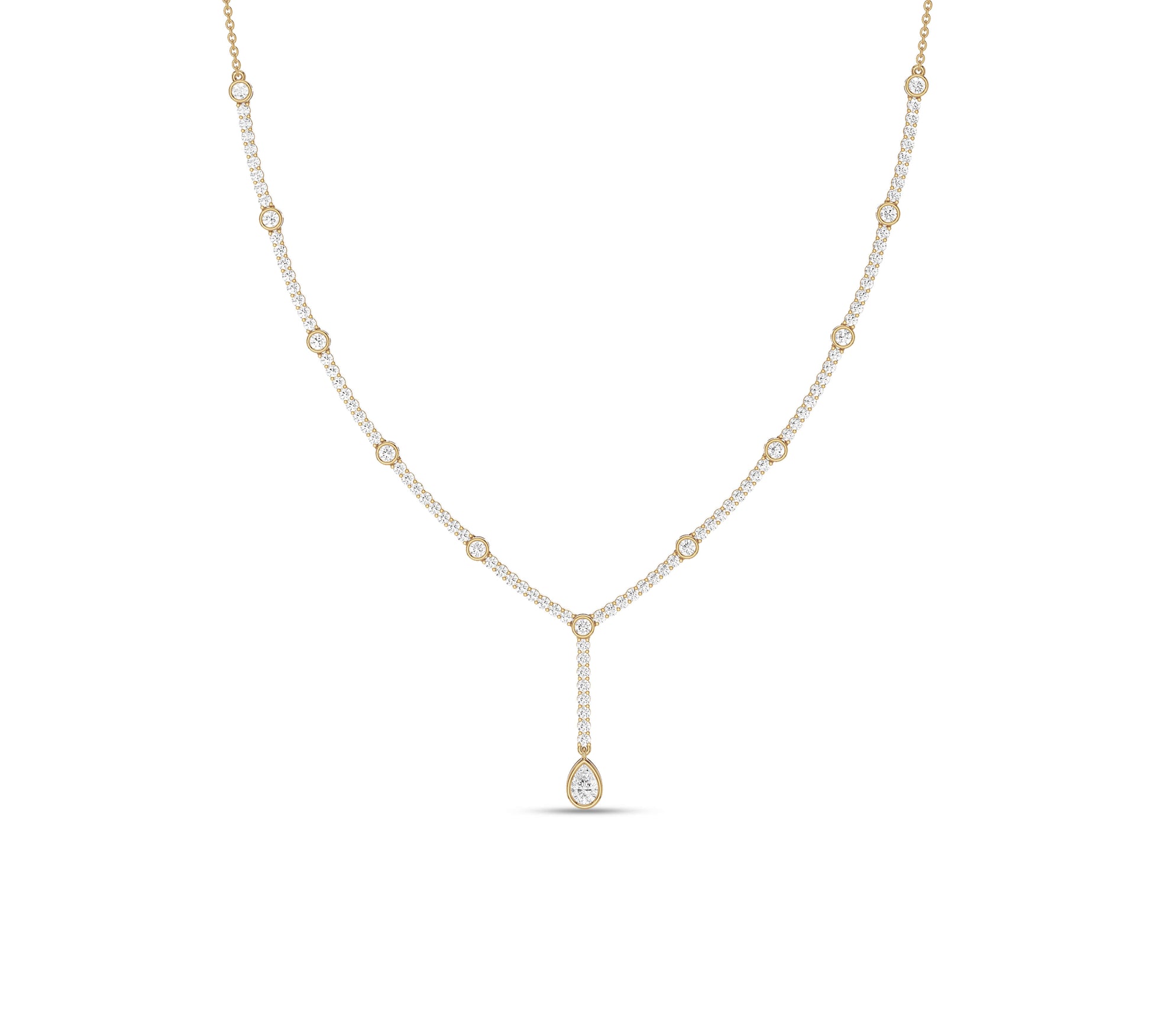 Y-shaped gold necklace with pear diamond pendant