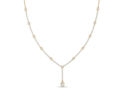 Y-shaped gold necklace with pear diamond pendant