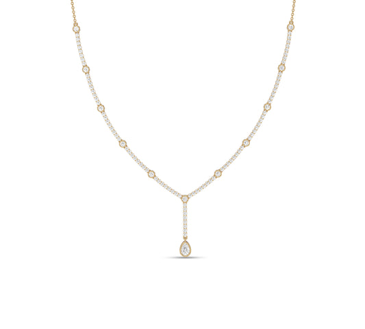 Y-shaped gold necklace with pear diamond pendant