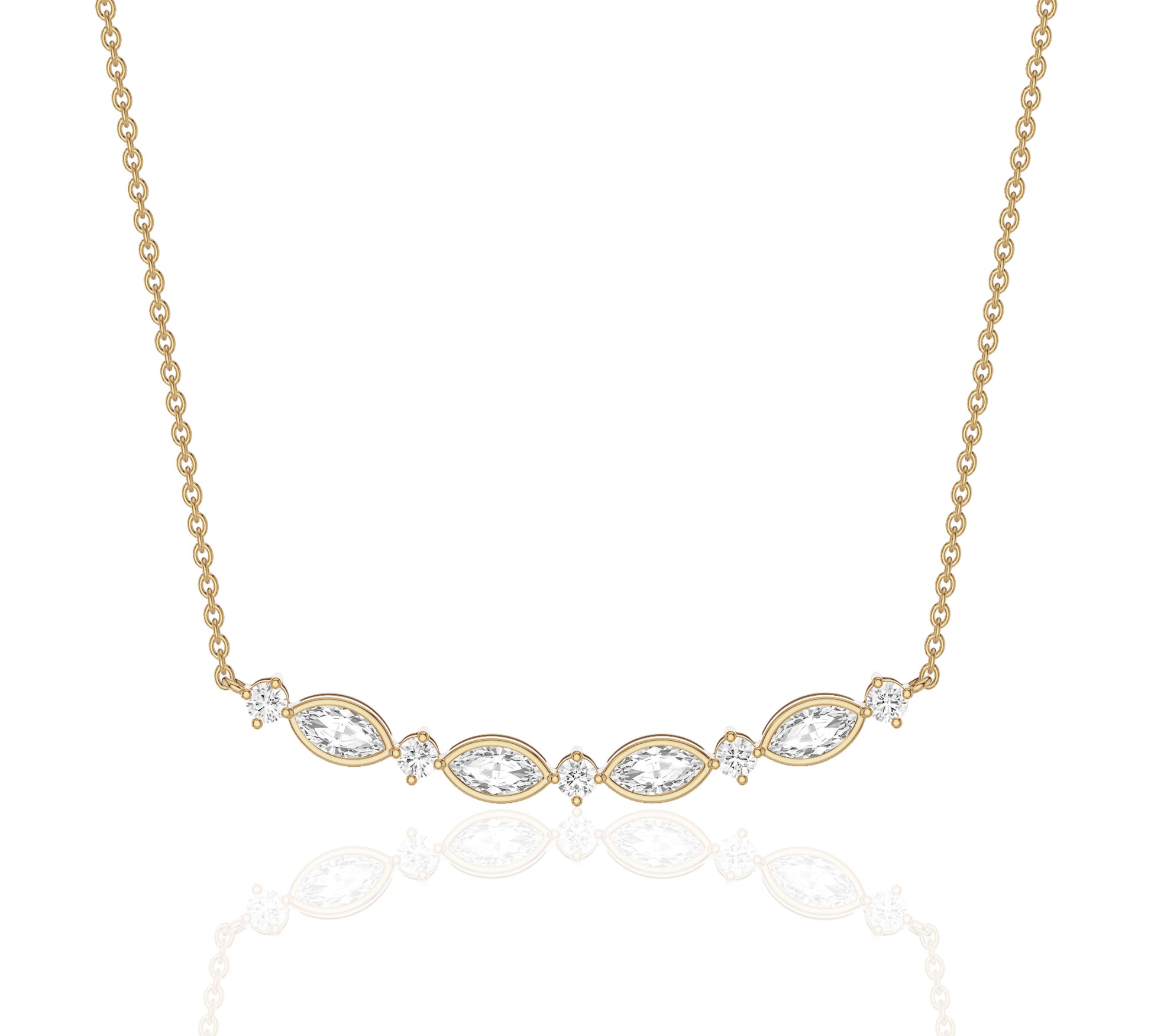 Curved rose gold necklace with marquise cut diamonds