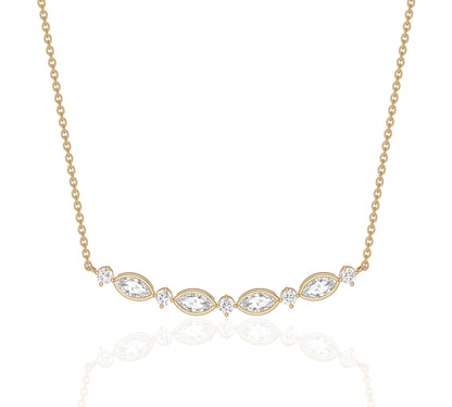 Curved rose gold necklace with marquise cut diamonds