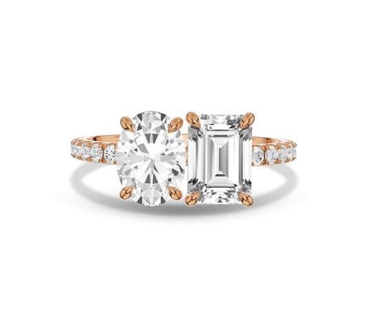 Rose gold pave band with oval and emerald moissanite Toi et Moi ring