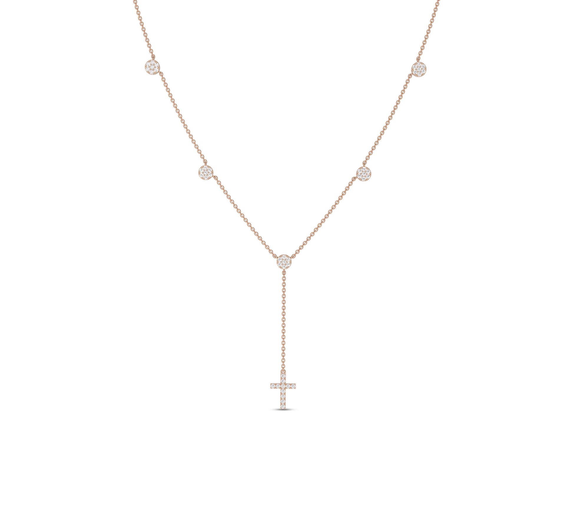 Rose gold cross drop lariat necklace with diamond accents