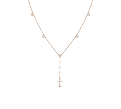 Rose gold cross drop lariat necklace with diamond accents