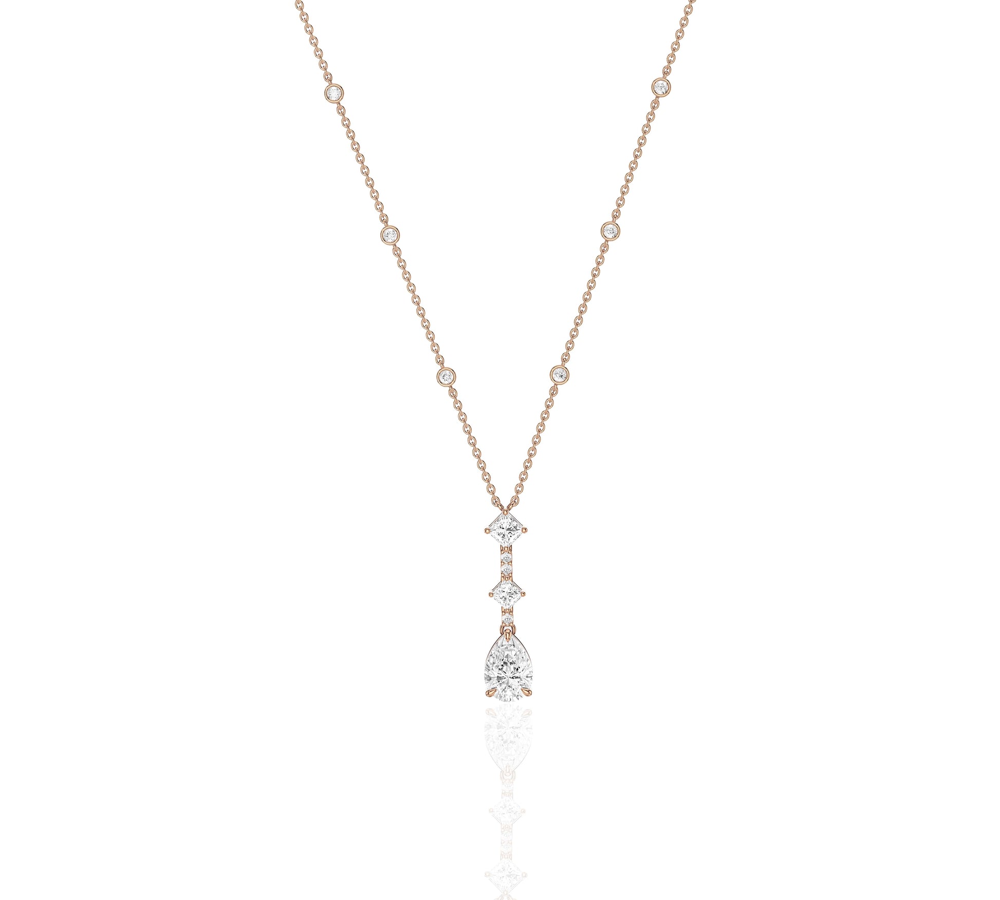 Dainty lariat necklace with pear and princess diamonds